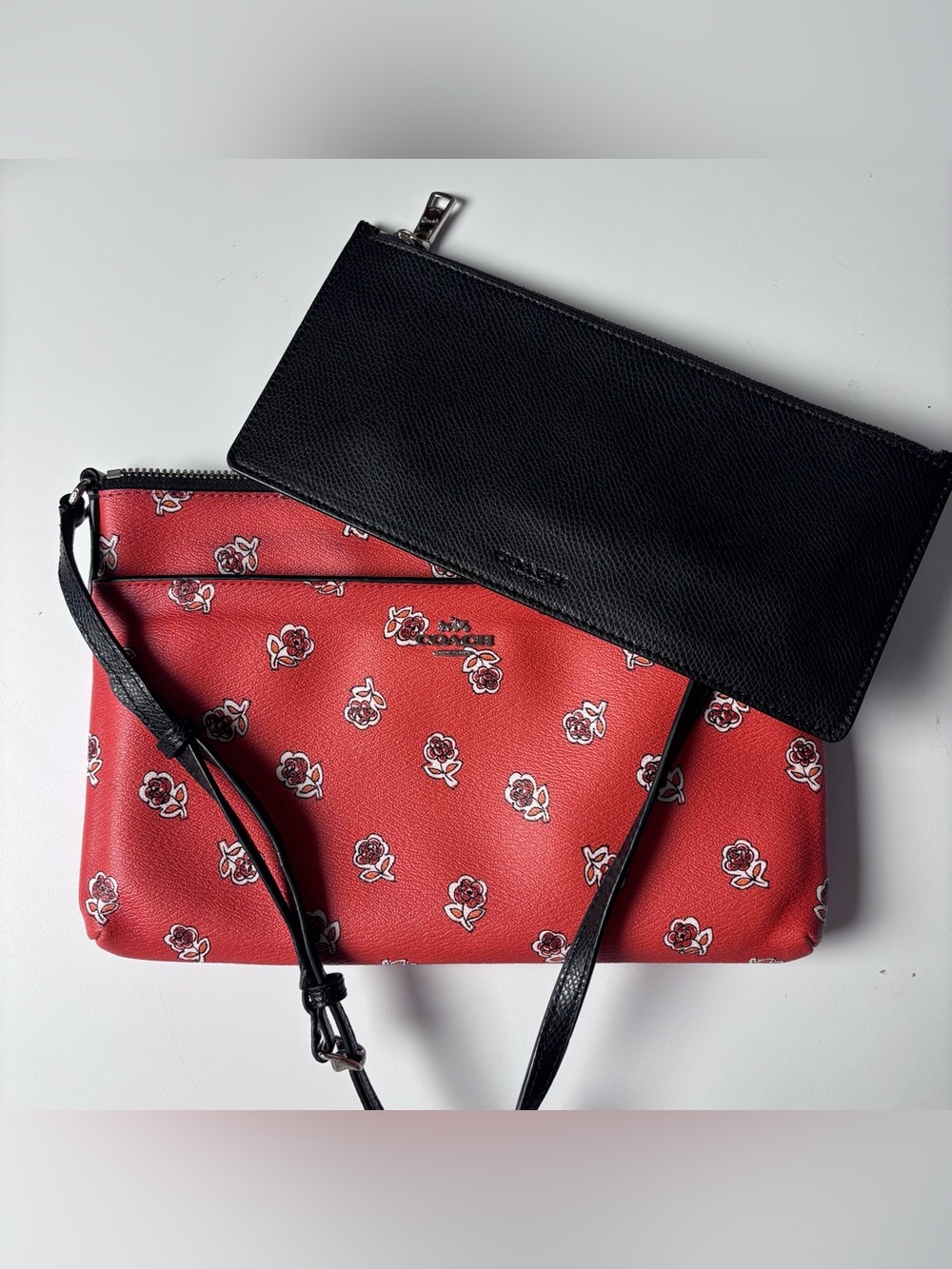 Coach East West Crossbody Sienna Rose Print Canvas Bag with Pop Up Pouch w/COA